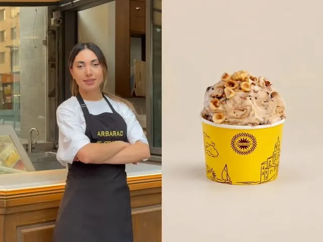 Barbarac team member beside a branded gelato cup