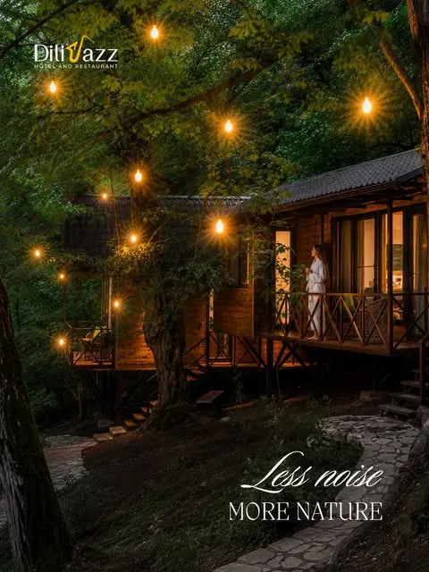 DiliJazz cottage among trees at night