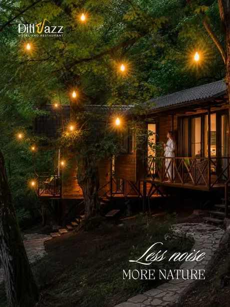 DiliJazz cottage among trees at night